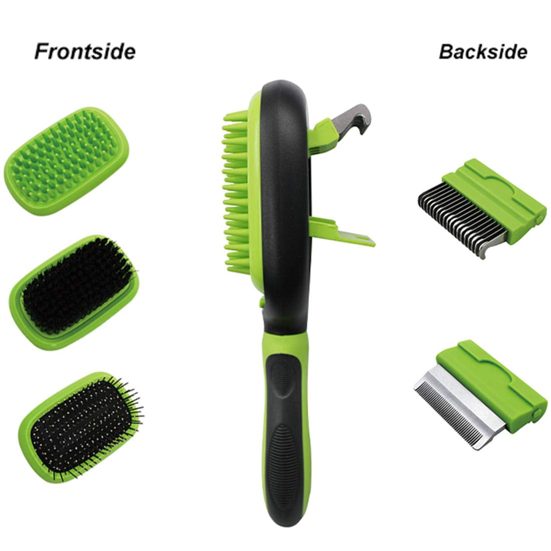 5 in 1 Pet Grooming Comb for Dogs & Cats, Includes Massage Brush, Pin Brush, Bristle Brush, Hair Removal Comb & Open Knot Comb - Green