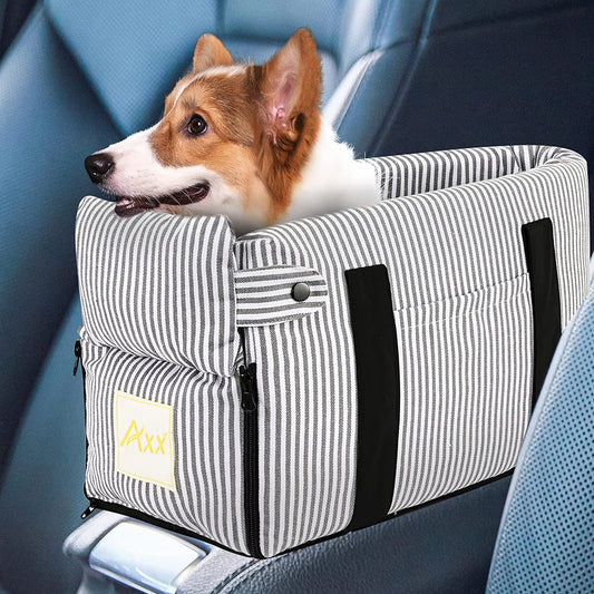 Pet Car Seats for Small Medium Dogs Booster Bed Puppy Carseat Cat Carrier Travel with Storage Pocket Pillow Leash Belt, Clip-On Safety Leash Removable Washable Cover (Stripe)