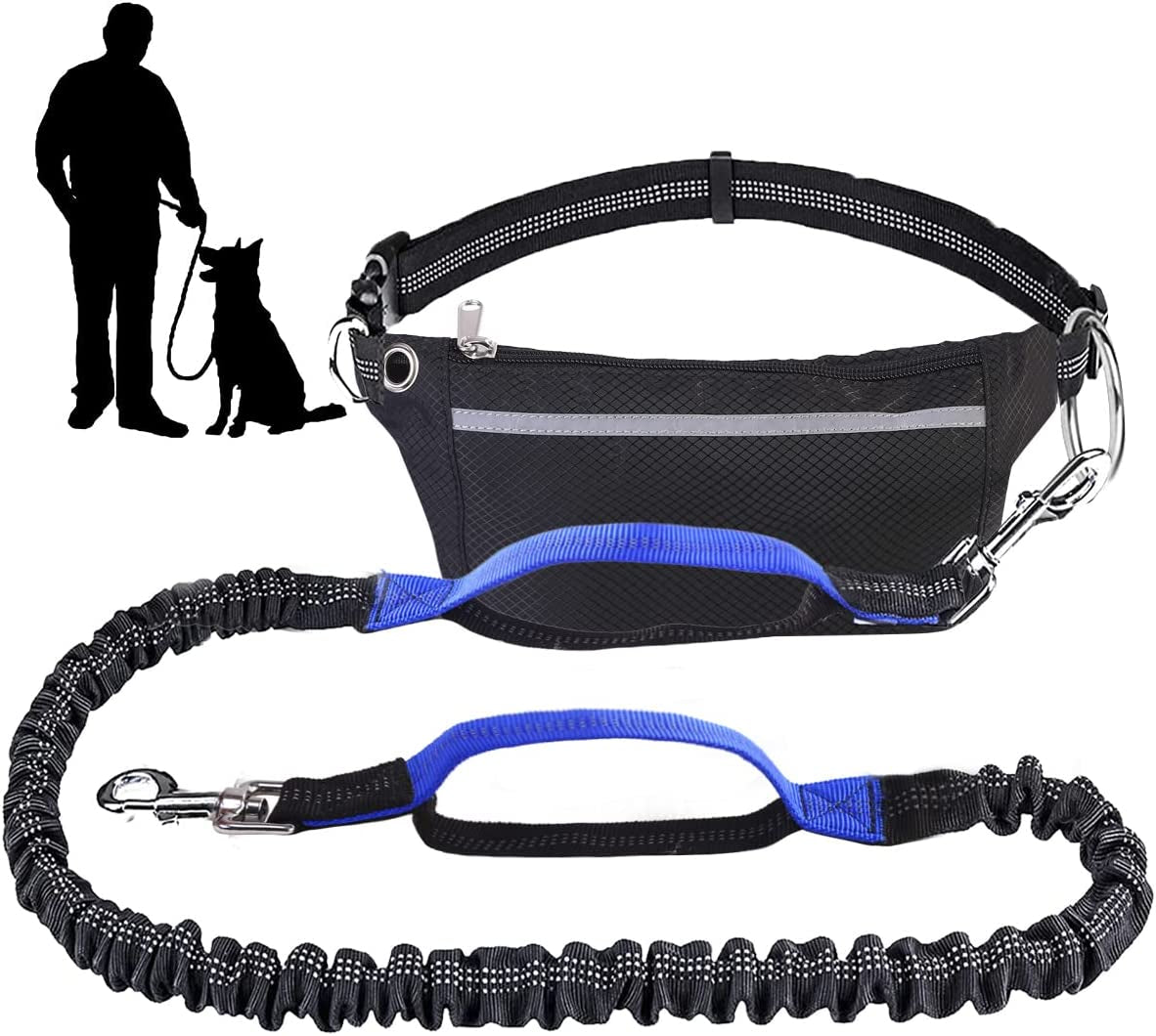 Hands Free Dog Leash with Zipper Pouch, Dual Padded Handles and Professional Retractable Bungee Dog Leash for Walking Jogging, Adjustable Waist Belt for Medium to Large Dog (Blue)