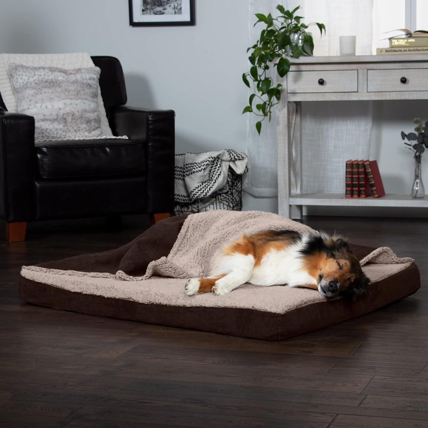 Memory Foam Dog Bed for Large Dogs W/ Removable Washable Cover, for Dogs up to 95 Lbs - Berber & Suede Blanket Top Mattress - Espresso, Jumbo/Xl