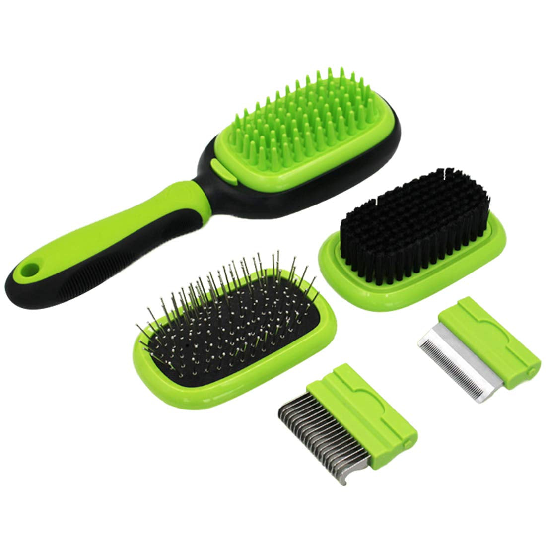 5 in 1 Pet Grooming Comb for Dogs & Cats, Includes Massage Brush, Pin Brush, Bristle Brush, Hair Removal Comb & Open Knot Comb - Green