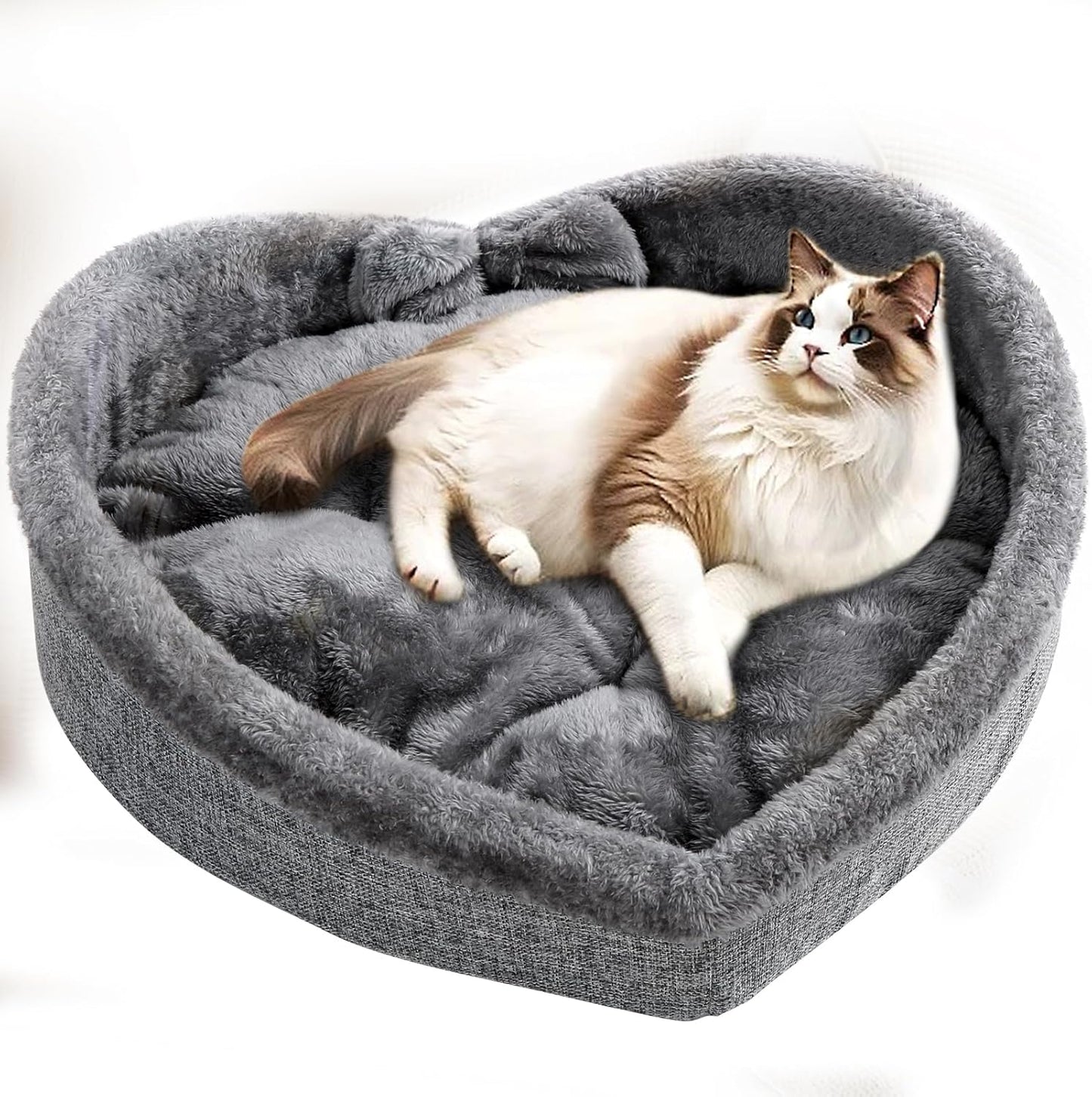 Heart Cat Pet Bed for Cats or Small Dogs, Ultra Soft Short Plush, Anti-Slip Bottom, Washable High Resilience PP Cotton, Comfortable Self Warming Autumn Winter Indoor Sleeping Cozy Kitty Teddy