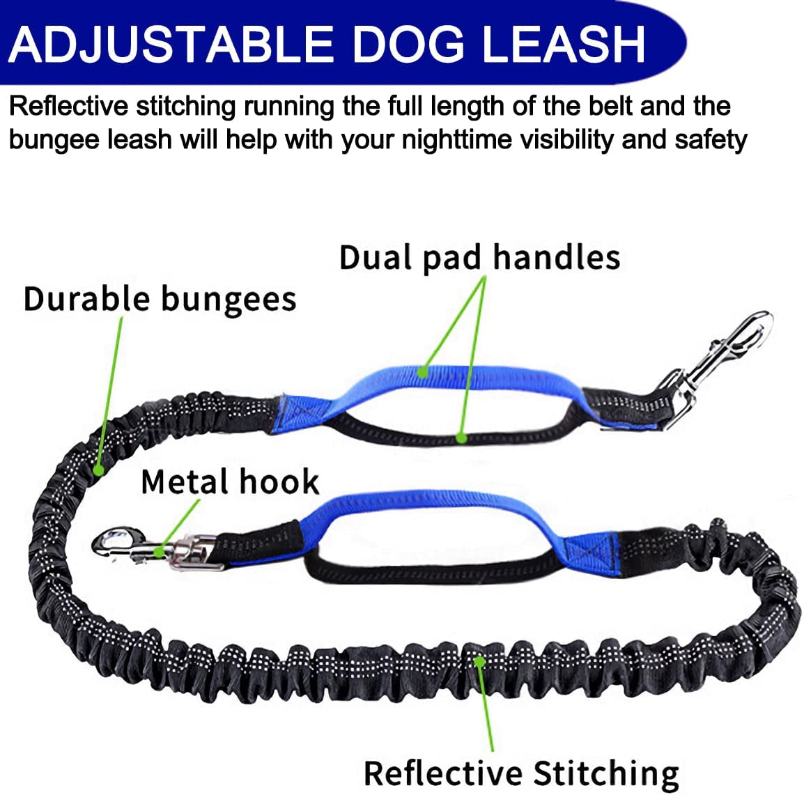 Hands Free Dog Leash with Zipper Pouch, Dual Padded Handles and Professional Retractable Bungee Dog Leash for Walking Jogging, Adjustable Waist Belt for Medium to Large Dog (Blue)